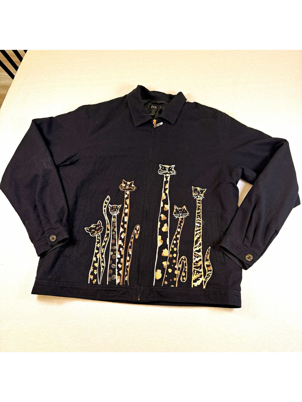 Vintage EVR Silk Cat Jacket Embroidered Black Whimsigoth